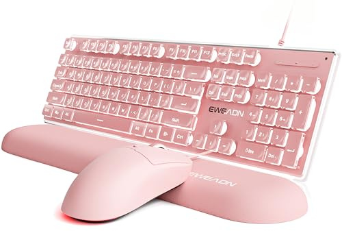 Wired Keyboard and Mouse Combo, White Backlit with Detachable Wrist Rest