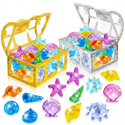AIEDECOPT Plongée Pierres Précieuses, 36 Gemmes de Plongée Colorés et 2 Coffre Tresor, Acrylique Gemme en Jouet, Pierres Précieuses de Jouet pour Piscines, Plages et Chasses au Trésor (Or+Argent)