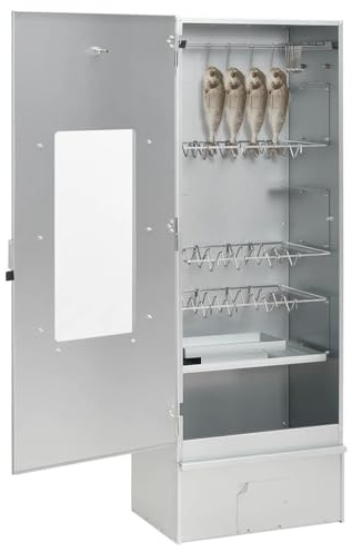 Rökugn av galvaniserat stål med kallröksgenerator, 44,5 x 29 x 110 cm, inkl. 12 S-krokar, 3 rost, 1 kg träflis, termometer, glasfönster för utomhus BBQ, grill, kött, fisk, grönsaker
