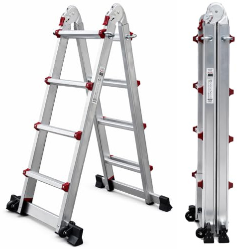 UZIRO Escalera Telescópica Plegable Articulada de Aluminio 4x4, Multiposición Extensibles 2,41 M, 4 Peldaños, Soporta hasta 150 KG, Plegable y Compacta, con Barra Estabilizadora y Ruedas