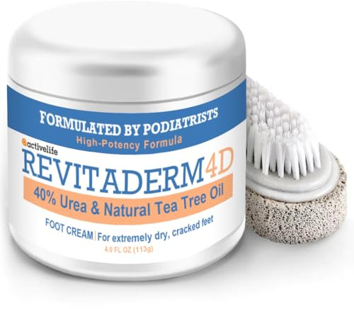 Revitaderm 4D 40% Urea Advanced Foot Cream for Cracked Heels & Dry Skin, Intensive Repair for Rough, Callused Feet, Fast Absorbing, Fragrance Free, Made in USA, 4 oz with Pumice & Brush, 1 Pack