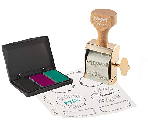 Trodat Vintage Glückwünsche Set zum kreativen Gestalten – 6 Abdruckmotive, Deutsch, Kreativstempel in vintage Optik inkl. Stempelkissen in Schwarz, Grün, Pink, 30x5 mm, 12 Etiketten in 3 Designs
