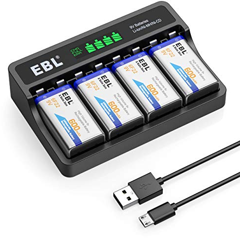 EBL 9v Akku Ladegerät Set - Ladegerät ideal für 9volt Li-ion NI-MH Akkus inkl. 9v Li-ion Akkus 600mAh 4 Stück, EBL M7015 mit Akkupack