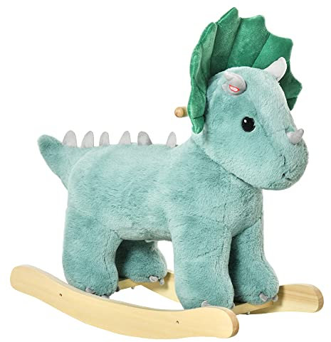 HOMCOM Caballito Balancín para Niños de +3 Años de Dinosaurio Balancín Infantil de Felpa con Sonidos Realistas y Base de Madera Asiento 36 cm Carga 45 kg 64x30x54 cm Verde Oscuro