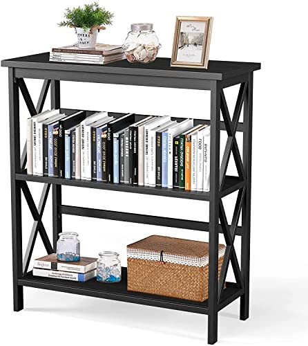 LUARANE 3-Tier Bookshelf, Freestanding Bookcase with Open Storage Shelves, Storage Shelf with Double X-shaped Wooden Frame, Multifunctional Etagere for Home Office (Black)