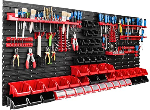 Lagersystem Werkstattregal | 172 x 78 cm | 50 stck. Box | Wandregal mit Werkzeughalterungen und Stapelboxen - Wandplatten Extra Starke Schüttenregal Warkzeuglochwand Lagerregal Garage Regal