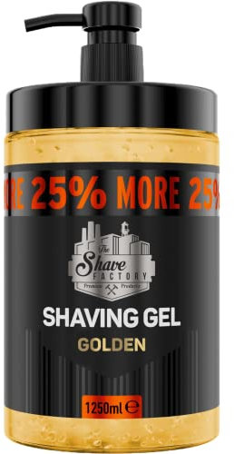 The Shave Factory - Gel da barba | Non irritante | Rasatura precisa di viso e corpo | Gel da barba per uomini | Idrata la pelle | 1250 ml (oro)