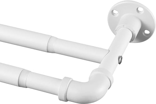 Barras de Cortina Doble Estilo Industrial, 73-162cm Barra de Cortina Doble Extensible con Cabeza de Brida y Soportes, Barra de Cortina de Acero Inoxidable Decorativa Ajustable para Sala/Blanco Mate