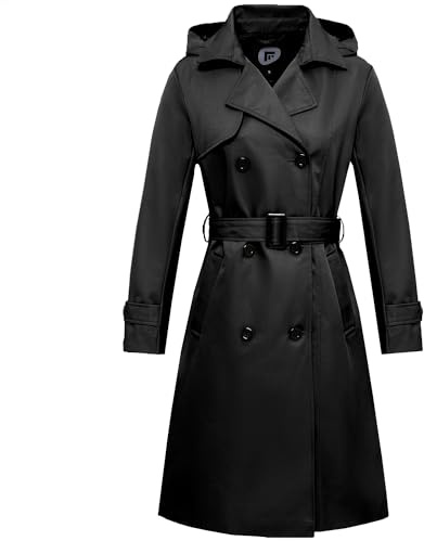 Garemcy Women's Long Waterproof Trench Coat Double Breasted Classic Lapel Coat Belted Coat with Detachable Hood, black, XL
