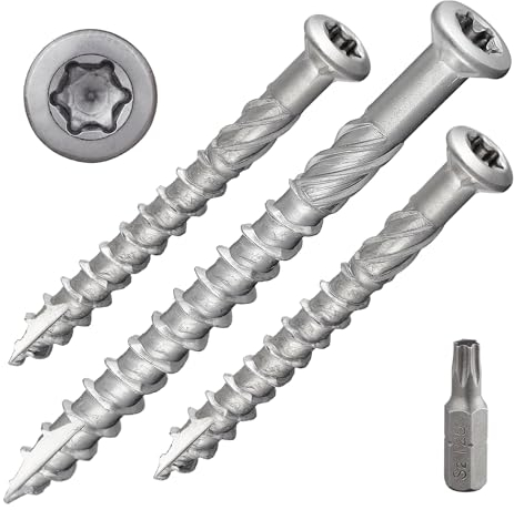 Tornillo de terraza con cabeza avellanada y accionamiento TX | acero inoxidable endurecido C1 | Incluye 1 x broca S2 | Fresa de extremo + punta de corte | Reforzado bajo cabeza con nervaduras