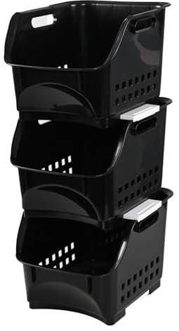 Buyitt 3 Pack Plastic Stackable Storage Bins, Kitchen Stacking Baskets | Space-Saving Stacking Rack for Organising Fruits Vegetables, Ventilated Design, Easy-Access Open Front, Black
