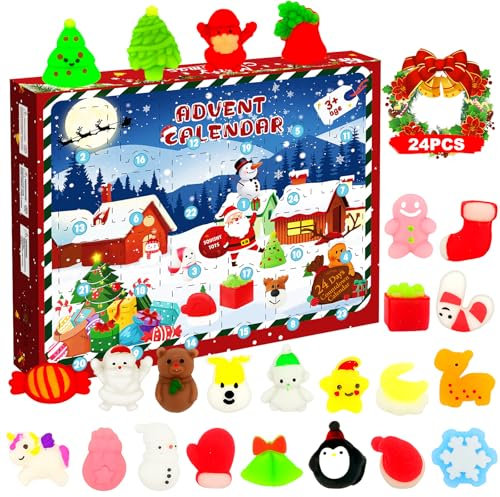 Adventskalender 2024, 24 Tage Countdown Kalender Squishy Toys Weihnachten Countdown Adventskalender Wiederverwendbar, Niedlich und Liebensw Geschenke für Jungen und Mädchen