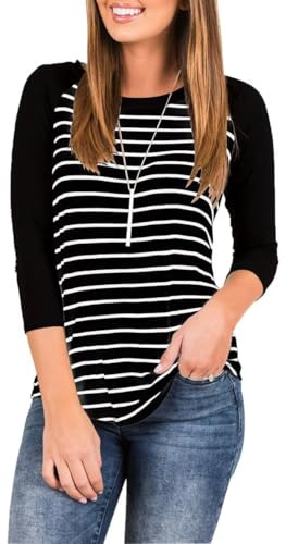 LACOZY - Blusas tipo túnica para mujer de talla grande, camisetas de manga 3/4, cuello redondo, ajuste holgado, camisetas a rayas, túnica básica, blusas de otoño, Negro, L