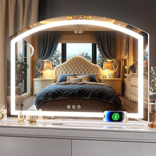 Hasipu Sminkspegel med belysning, 90 x 60 cm, Hollywood sminkbordsspegel med 10 x förstoringsglas, bordsspegel med USB-laddningsport, 3 lägen dimbar sminkspegel