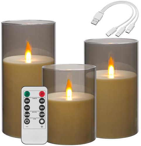 Candela LED ricaricabile Da by, candela con interfaccia di ricarica di tipo C, confezione da 3, con timer di controllo remoto per un massimo di 240 ore di utilizzo. Stoppino a fiamma (grigio)