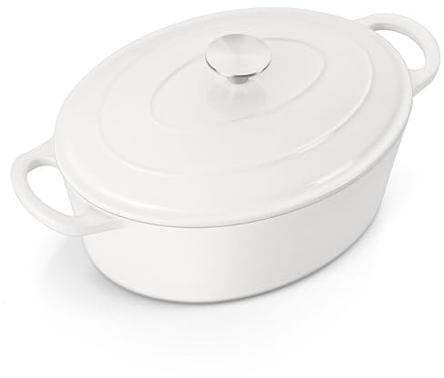 E-far 7QT Oval Dutch Oven Pot with Lid, Enameled Cast Iron Dutch Oven with Dual Handles for Sourdough Bread Baking Cooking, Nonstick Enamel Coated Cookware(White), Non-Toxic & Easy Clean