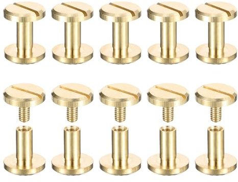 sourcing map 10Pack Brass Chicago Screws, 4x9x10mm Flower Texture Flat Head Screw Back Binding Post Nail Stud Rivets Fastener for DIY Leather Craft Belt Strap, Gold