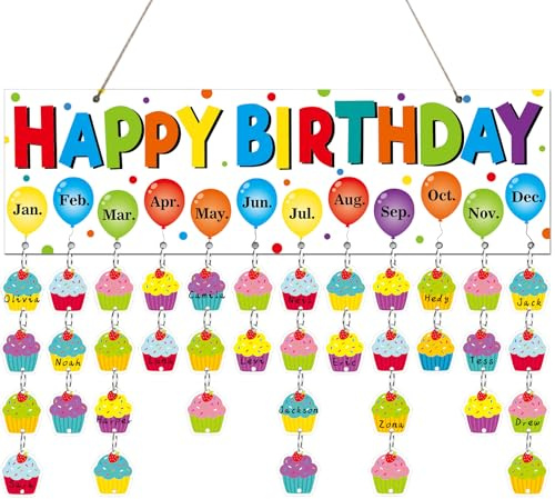 Colorful Birthday Reminder Calendar Wall Hanging Decor(16x5in) Cake DIY Birthday Tracker Calendar Board with 110pcs Wood Tag Birthday Sign Reminder Plaque for Office Classroom Bulletin Board Family