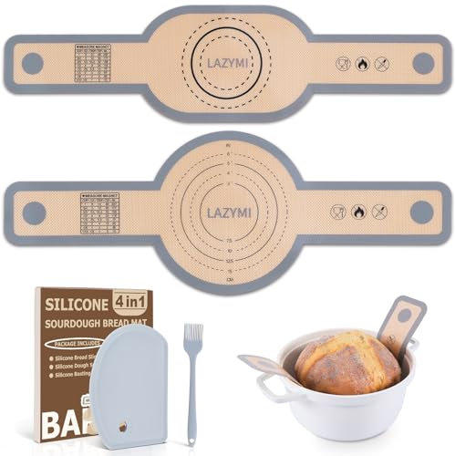 Lazymi 2PCS Silicone Bread Sling for Dutch Oven Oval & Round, Reusable Sourdough Sling with Long Handle for Transferring Dough, Silicone Bread Mat Baking Sling with Dough Scraper&Silicone Brush, Grey