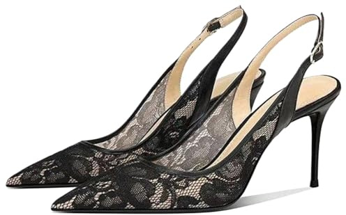 Gikleihwy Mesh Lace Kitten Heels for Women, Comfortable Pointed Toe Slip on Slingback Pumps for Wedding Office or Date Night Dress Up(Black,6.5 UK)