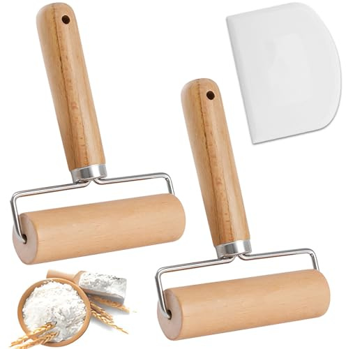 2 PCS Small Wooden Rolling Pin & Roller Set - Small Baking Tools for Pizza Dough with Smooth Wooden Handle, Includes Dough Scraper