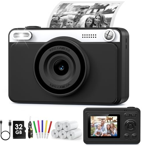 GREENKINDER Appareil Photo Instantané, 2.4 Écran Appareil Photo Enfant avec 32GB & 5 Rouleaux de Papier d'impression, Cadeau Jouet pour Enfant Garçons Filles 3-14 Ans
