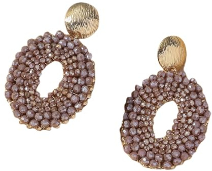 Bohemia Statement Bunte Tropfen Ohrringe, Handgefertigt, Ovale Scheiben Ohrstecker Aus Rocailles Perlen, Boho Perlenschmuck für Frauen und Mädchen, Braun