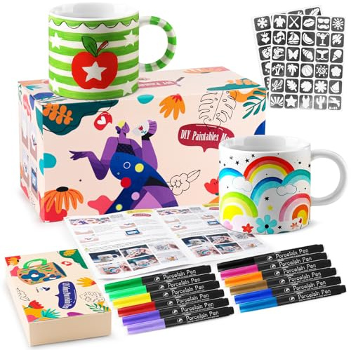 Kit de peinture en céramique pour adultes, kit de peinture en céramique DIY avec tasses personnalisable, stylos en porcelaine et autocollants, Cadeau créatif pour enfants et adultes