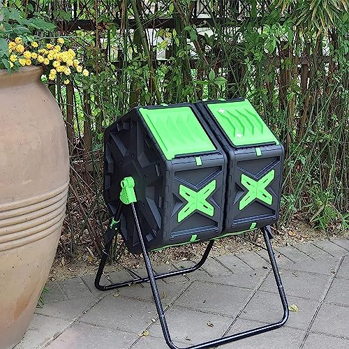 Compostiera a doppia camera – Pattumiera da giardino girevole da 140 l con telaio in acciaio resistente per una rapida produzione di terreno – soluzione di compostaggio all'aperto