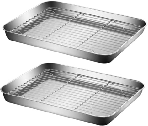 COLLBATH 2 juegos Bandejas de Horno con Rejilla de Enfriamiento de Acero Inoxidable Bandejas Antiadherentes para Hornear y Escurrir Aptas para Almacenamiento Cocina y Fácil Limpieza