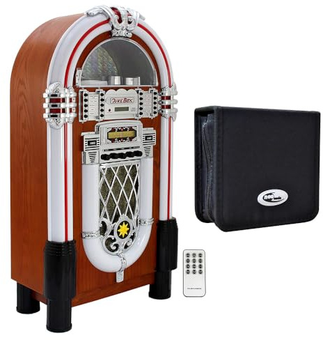 Retro Style Illuminated Jukebox Sound System with Bluetooth & FM Radio + 48 CD/DVD Carry Case – Vintage Music Player with LED Lights, USB, AUX & Remote Control Bundle