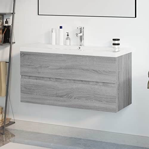 Teenpull Washbasin Cabinet with Built-In Basin, Grey Sonoma Wood Material, 90 x 38.5 x 45 cm, with Drawer, Ceramic Basin, Wall Mounted, Bathroom Furniture