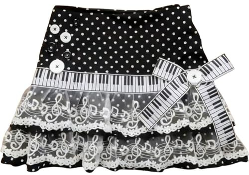 Fituenly Dam piano minikjolar Y2k kakkjol svart vit skarvade kjolar söta prickiga spetskjolar hög midja korta kjolar nyckfull twee kjol elastisk midja kjol
