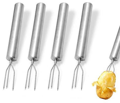 4 forchette per pelare patate da 15 cm, in acciaio inox, supporto per patate con 3 denti, riutilizzabili, per sbucciare, grigliare e campeggio