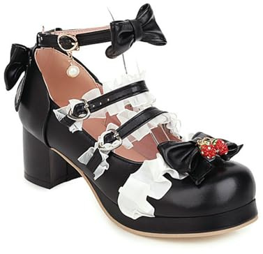 HFWXYSA Donna Tacco Largo Papillon Increspature Lolita Décolleté Cinturino alla Caviglia Scarpe Sweet Princess Scarpe Kawaii Platform Mary Jane,Nero,45 EU