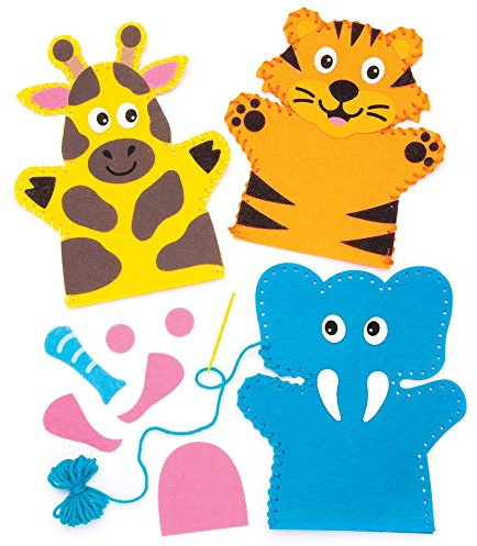 Baker Ross Handpuppen-Nähsets „Dschungeltiere“ (4 Stück) AW545 – für Kinder zum Nähen – Bastelarbeiten mit Filzteilen und Dekorationen