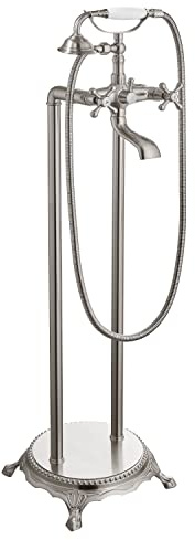 Floor Mounted Bathtub Brushed Nickel Freestanding Faucet Tub Filler with Handheld Shower Spray Double Cross Knobs Telephone Shape High Flow Bathroom Mixing Tap