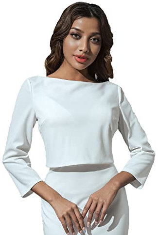 Unicra Abend-Bolero-Jacke aus Chiffon, lange Ärmel, Chiffon-Topper, Shrugs, Spitze, Brautkleid, Cape für Damen und Brautjungfer, Weiß