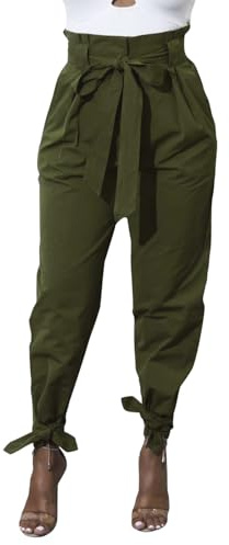 ORANDESIGNE Femme Pantalon Carotte Cigarette Casual Elastique Ceinture avec Poches Taille Haute Printemps et Eté Pantalon Crayon Bow-Knot Mode Coupe Slim A Armée Verte M