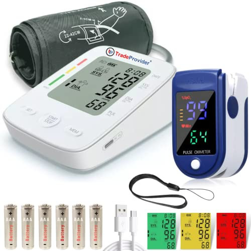 TradeProvider® Automatic Upper Arm Blood Pressure Monitor, Approved Wide BP Cuff (22-42cm) and Pulse Oximeter, Clinically Accurate NHS Nurse Accessories for Work, Pulse Rate Heartbeat Detector