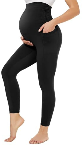 QGGQDD Maternity Leggings Over Bump with Pockets High Waisted Pregnancy Leggings for Women Gym Yoga Pants(Black,M)
