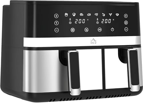 HOMCOM Fry Dual Zone Digital Air Fryer, 2 Drawers, 8.3L, 8 in 1, Smart Finish, Digital Display, Recipe, Timer for Oil Free & Low Fat Healthy Cooking, 2700W