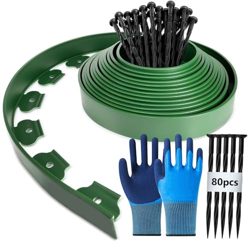 Flexibel gräskant av plast, 20 m (L) x 5 cm (H) rabattkant, med 80 markankare + 1 par handskar (grön)