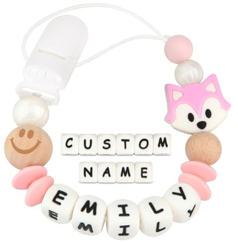 Kowlone Attache Sucette Nom Personnalisé Prenom Silicones Le renard Attache Tétine en Clips Chaîne pour Bébé Filles Garçons(Rosa)