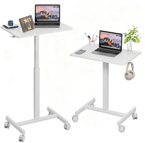 Gamork Mobile Standing Desk Pneumatic Adjustable Height Stand Up Desk with Lockable Wheels Ergonomic Standing Side Table for Home Office Work Computer Desk Workstation Typ-T 48 * 65CM White