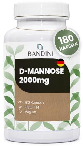 Bandini® D-Mannose bei Blasenentzündung, 2000 mg rein, hochdosiert, 180 Kapseln, 3 Kapseln/Tag für 2 Monate, zur Unterstützung der Harnwege, D-Mannose, vegan und gentechnikfrei