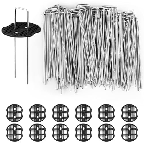 vsshe Estacas de Tierra en Forma de U para jardín, 100 Piezas + 12 Almohadillas de amortiguación, Juego de estacas de Tierra de Metal Robusto para asegurar césped, césped Artificial, Redes y Carpas