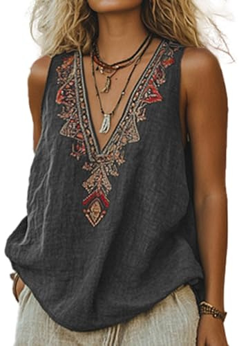 Chvity Mexican Embroidered Tops for Women Summer Floral Sleeveless Boho Tops Casual V Neck Peasant Blouse Loose Tank Tops