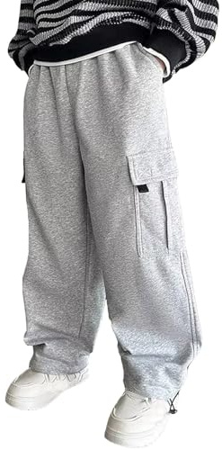 Boys Cotton Cargo Sweatpants Long Pockets Baggy Wide Leg Joggers Trousers Bottom Teen Kids Straight Loose Elastic Waist School Casual Sweatpants (Grey, 13-15 Years)