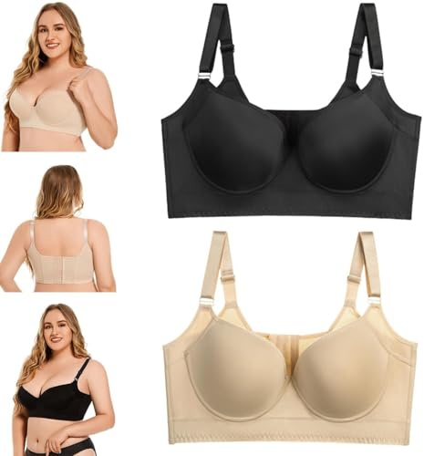 Barley Direct 2pcs Comfortable Back Smoothing Bra,Women Deep Cup Bra Full Back，Plus Size Women's Push Up Bra Plus Size Uplift(42D)